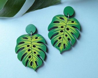 Monstera Leaf Hand-Painted Tropical Wood Earrings