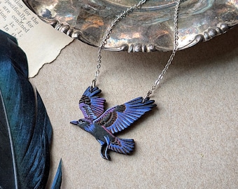 Flying Raven Hand-Painted Wood Necklace