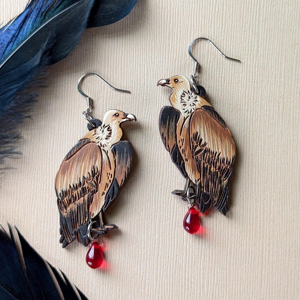 Griffon Vulture Hand-Painted Wood Earrings