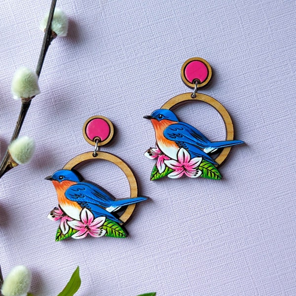 Bluebird and Azalea Flower Hand Painted Cottagecore Layered Wood Earrings