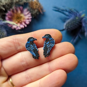 Raven/Crow Hand-Painted Wood Stud Earrings