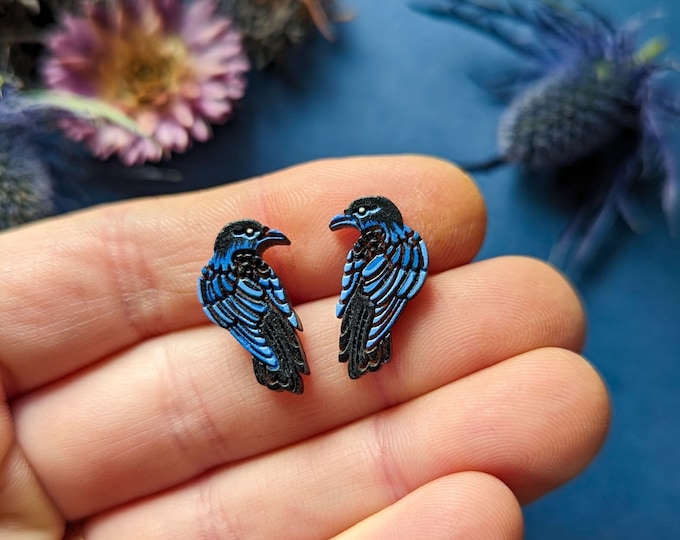 Raven/Crow Hand-Painted Wood Stud Earrings
