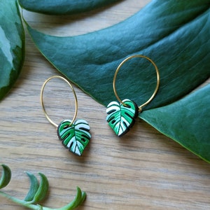 Mini Monstera Albo White Tiger Leaf Hand-Painted Wood Hoop Earrings image 4