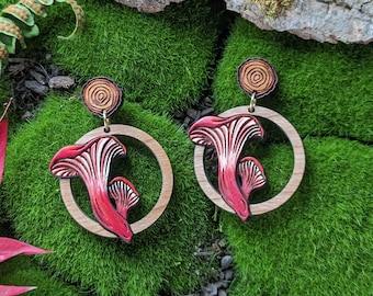 Red Chanterelle Mushroom Hand Painted Cottagecore Layered Wood Earrings