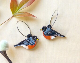 Mini American Robin Bird Hand Painted Cottagecore Wood Earrings