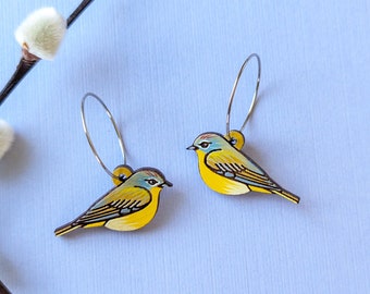 Mini Nashville Warbler Bird Hand Painted Cottagecore Wood Earrings