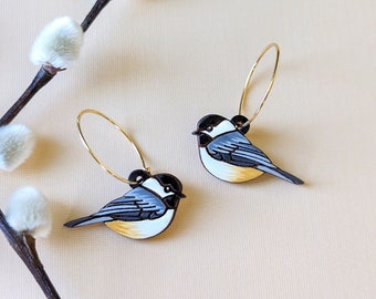 Mini Chickadee Bird Hand Painted Cottagecore Wood Earrings
