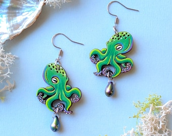 Green Octopus Hand-Painted Wood Earrings