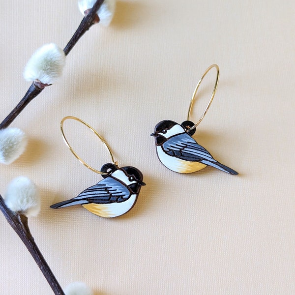 Mini Chickadee Bird Hand Painted Cottagecore Wood Earrings