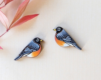 American Robin Bird Hand Painted Cottagecore Wood Stud Earrings