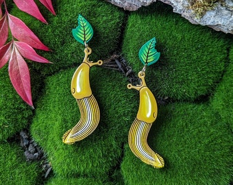 Yellow Banana Slug and Leaf Hand-Painted Cottagecore Wood Earrings