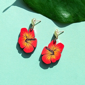 Hibiscus Flower Hand Painted Tropical Wood Earrings