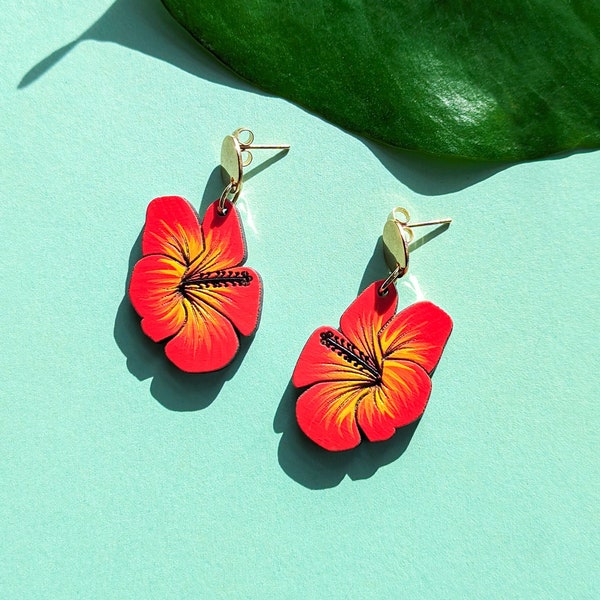 Hibiscus Flower Hand-Painted Tropical Wood Earrings