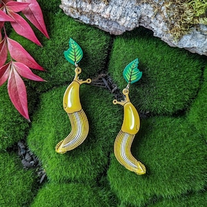 Yellow Banana Slug and Leaf Hand-Painted Cottagecore Wood Earrings