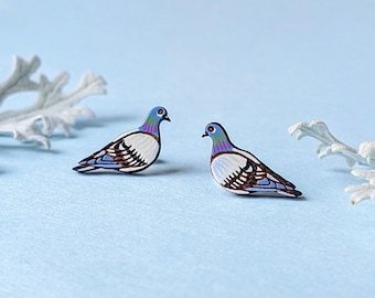 Pigeon Bird Hand-Painted Wood Stud Earrings