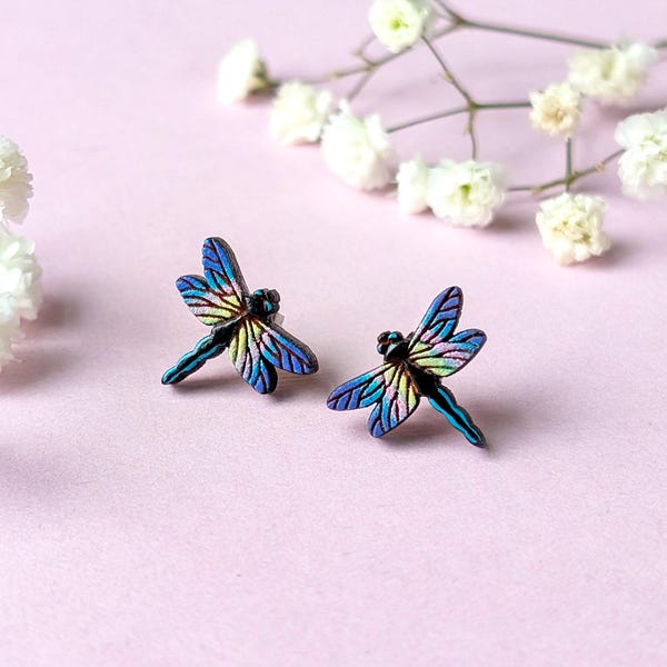 Iridescent Dragonfly Hand-Painted Wood Stud Earrings