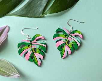 Pink Variegated Monstera Leaf Hand-Painted Wood Earrings