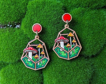 Mushroom Terrarium Hand-Painted Cottagecore Wood Earrings