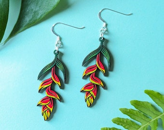 Tropical Heliconia Rostrata Plant Hand Painted Wood Earrings