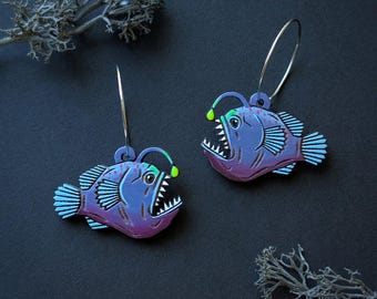 Anglerfish Hand-Painted Wood Stud Earrings