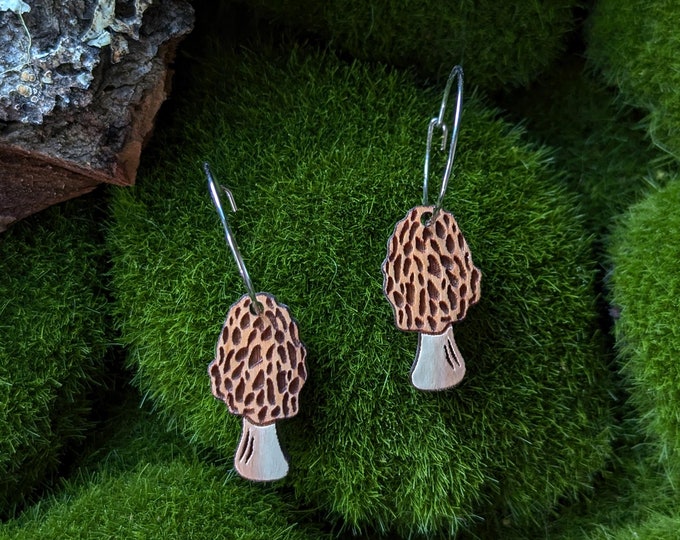 Mini Morel Mushroom Hand-Painted Cottagecore Wood Earrings