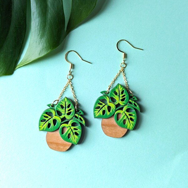 Monstera Hanging Planter Hand-Painted Layered Wood Earrings