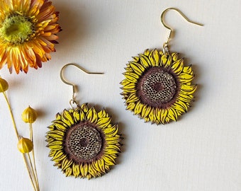 Golden Sunflower Hand-Painted Cottagecore Wood Earrings