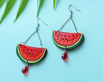 Watermelon Slice Hand-Painted Cottagecore Wood Earrings