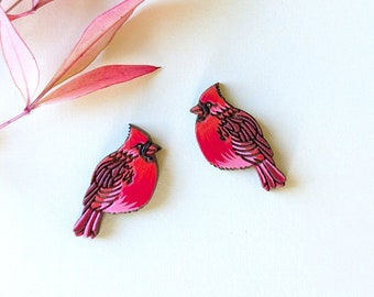 Red Cardinal Bird Hand-Painted Wood Cottagecore Stud Earrings