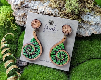 Fiddlehead Fern Spiral Hand-Painted Cottagecore Wood Earrings