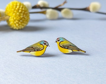 Nashville Warbler Bird Hand Painted Cottagecore Wood Stud Earrings