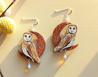 Boucles d'oreilles en bois superposées peintes à la main, hibou céleste et lune