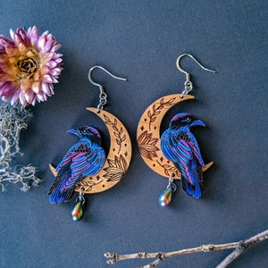 Mystical Raven/Crow Moon Hand-Painted Layered Wood Earrings image 5