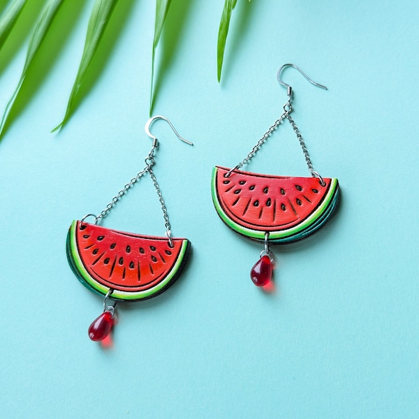 Watermelon Slice Hand-Painted Cottagecore Wood Earrings