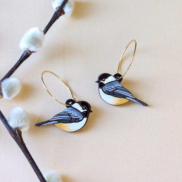 Chickadee Bird Hand Painted Wood Earrings
