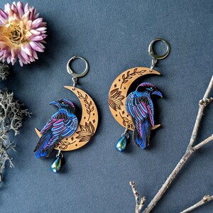 Mystical Raven/Crow Moon Hand-Painted Layered Wood Earrings