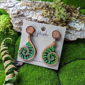 Fiddlehead Fern Spiral Hand-Painted Cottagecore Wood Earrings