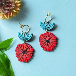 Abstract Scandinavian Poppy Flowers Hand-Painted Wood Earrings