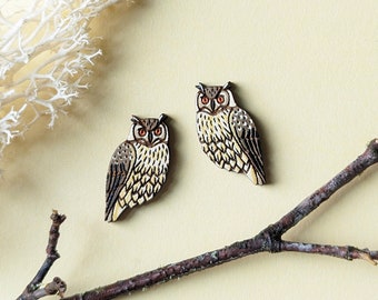 Eagle Owl Bird Hand-Painted Wood Cottagecore Stud Earrings