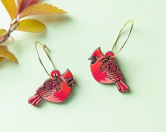 Mini Cardinal Bird Hand-Painted Cottagecore Wood Earrings