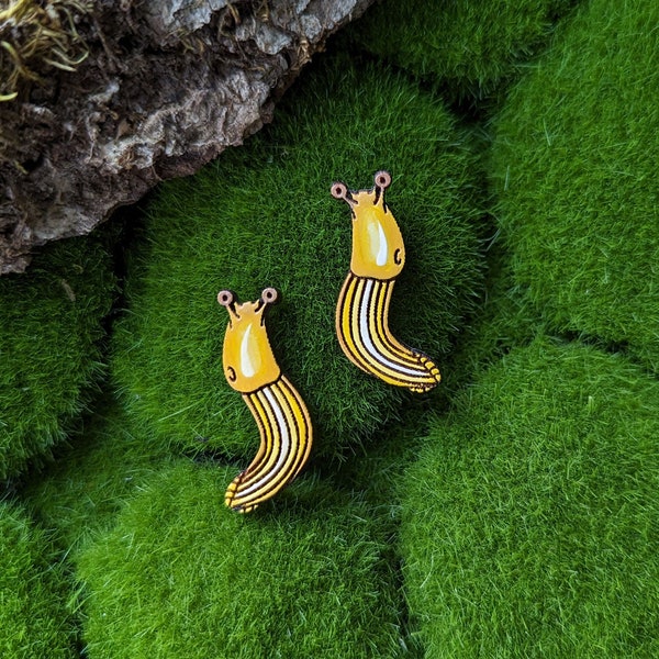 Yellow Banana Slug Hand-Painted Cottagecore Wood Stud Earrings