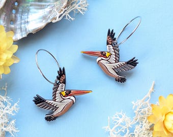 Hand-Painted Brown Pelican Wood Earrings