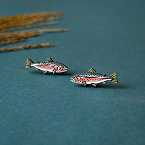Rainbow Trout Hand-Painted Wood Stud Earrings
