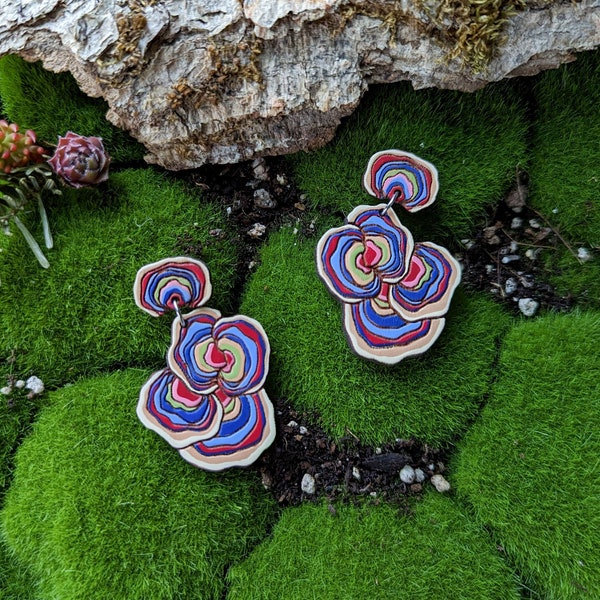 Turkey Tail Mushroom Hand Painted Cottagecore Wood Earrings