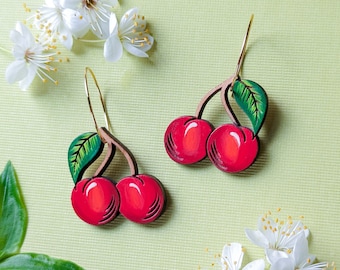 Cherry Fruit Hand-Painted Wood Earrings