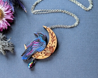 Mystical Raven Moon Hand-Painted Layered Wood Necklace