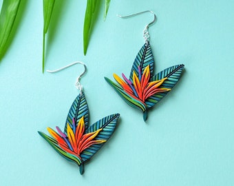 Bird of Paradise Hand Painted Tropical Layered Wood Earrings