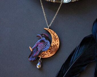 Mystical Raven Moon Hand-Painted Layered Wood Necklace