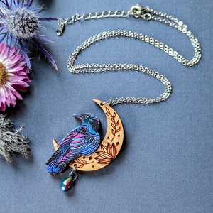 Mystical Raven Moon Hand-Painted Layered Wood Necklace image 1