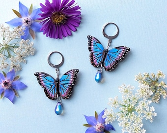 Hand-Painted Blue Morpho Butterfly Wood Earrings